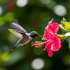 Hummingbird sips nectar from vibrant red hibiscus flower in lush tropical garden, capturing a moment of delicate beauty and natural harmony.