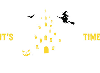 Haunted house halloween, full moon, witch flying broom, carved pumpkin, gravestones, spooky night, eerie scene, festive design, cad drawing flat vector illustration