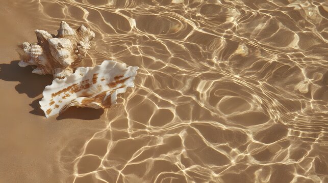 Close-up of a seashell on wet sand reflecting light and shadow