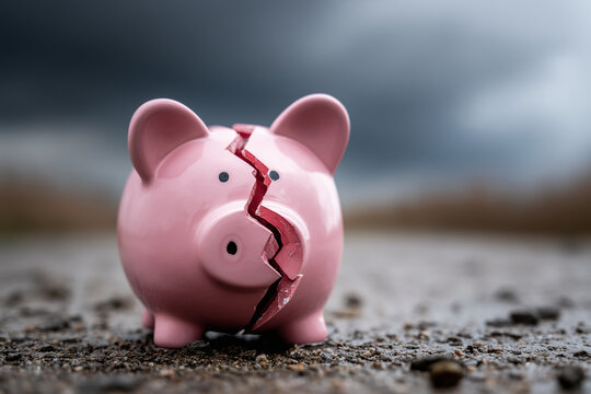 Abstract visualization of financial crisis with broken piggy bank and storm clouds, 