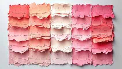 Stacked, ripped paper in a spectrum of pinks and peaches