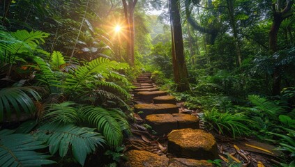 Sunlight streams through a lush jungle, illuminating a stone path winding upward