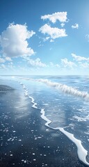 Wide shot of tranquil beach scene.  Azure water meets sandy shore.  Bright sky with puffy clouds