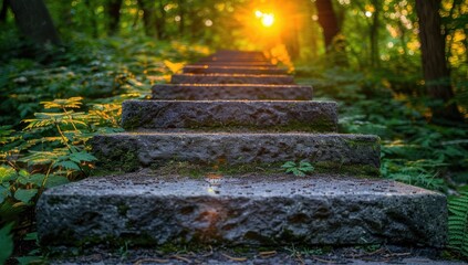 Stone steps ascend through a sunlit forest (1)