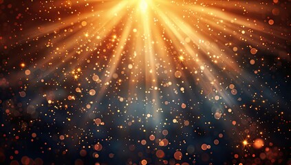 Radiant golden light bursts from a central point, radiating outwards through a dark backdrop filled with glittering particles