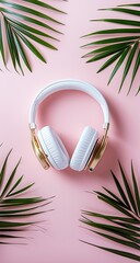 White headphones on a pink background surrounded by palm leaves