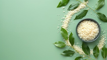 Small bowl of white granules surrounded by green leaves on a pale green background