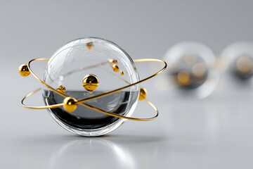 Physics concept with levitating spheres orbiting around each other