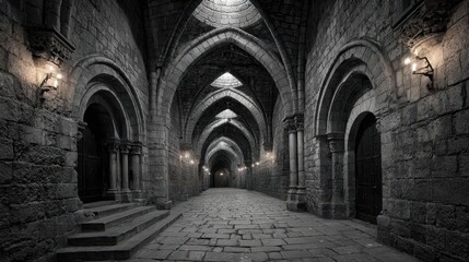 Fototapeta premium Stunning Medieval Stone Corridor with Illuminated Gothic Arches Showcasing the Intricacies of Historical Architecture in a Captivating Setting
