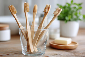 Close-up of eco-friendly bamboo toothbrushes in glass cup, 