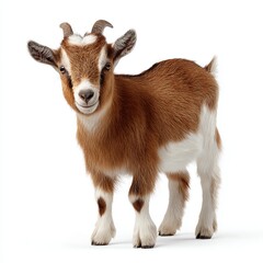 Fototapeta premium A cute goat looking at the camera and smiling. The goat has brown and white fur, small horns, and an adorable expression