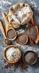 Various flours and seeds in wooden bowls and bag