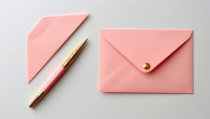 Two pink envelopes and a pen on a white surface