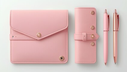 Pink leather stationery set on white background