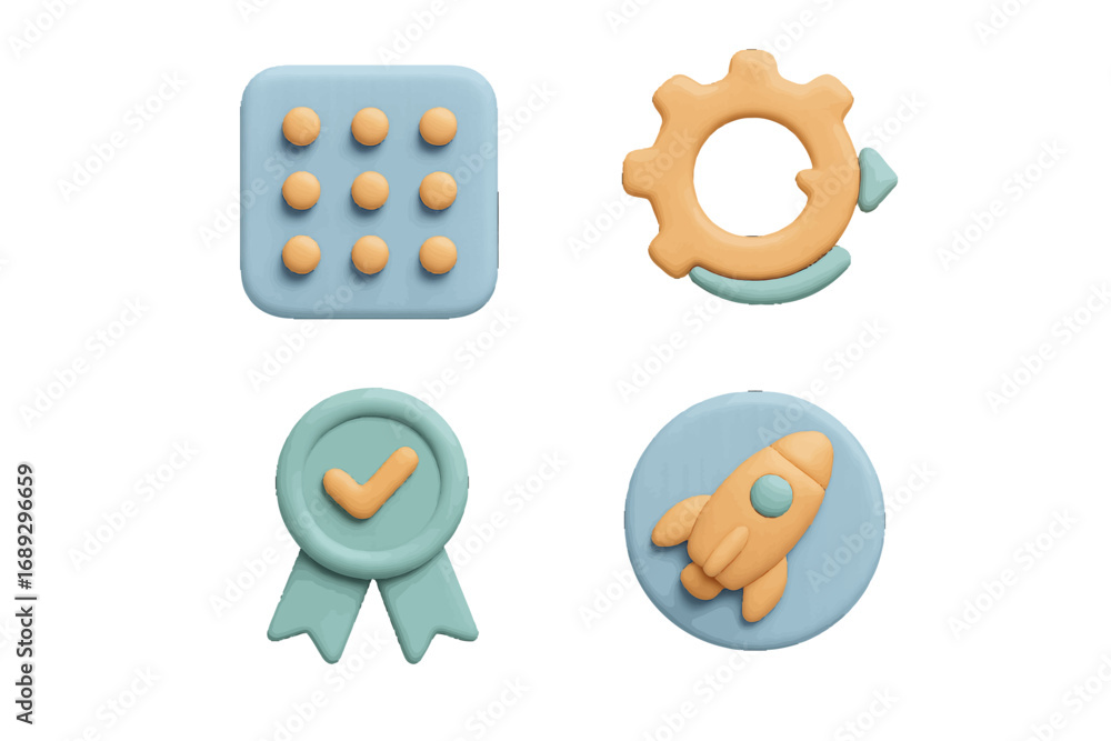 Wall mural 3d icon set for business and startup concepts including quality assurance badge, settings gear, app 