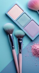 Pastel makeup palette and brushes on a teal and periwinkle background