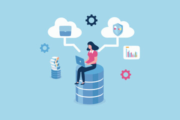 Woman working on laptop on database with cloud storage data security and analytics icons
