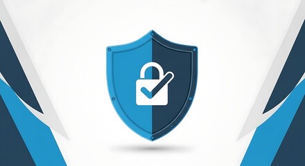 Blue shield icon with padlock and checkmark on white background security protection