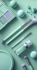 Pastel mint green makeup accessories.  Flat lay of a mint green eyeshadow palette, makeup brushes, powder, and perfume bottle.  