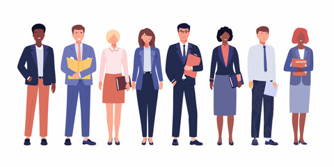 Diverse group of business professionals standing together in professional attire holding documents and folders