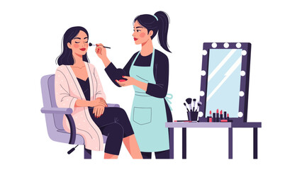 Professional makeup artist applying cosmetics to a client s face in a well lit beauty studio setting