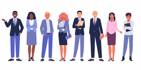 Diverse group of business professionals standing together in a line with folders and documents