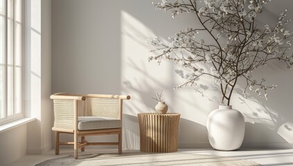Light-filled room, woven chair, and blooming branch