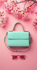 Mint green handbag, pink flowers, and sunglasses on a pink background