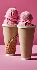 Two scoops of pink ice cream in paper cups, nestled in waffle cones
