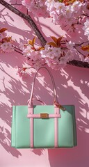 Mint green tote bag against a pink backdrop, with cherry blossoms