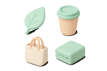 Set of 3D eco-friendly icons for sustainable living including a reusable coffee cup, shopping bag, green leaf, and power bank