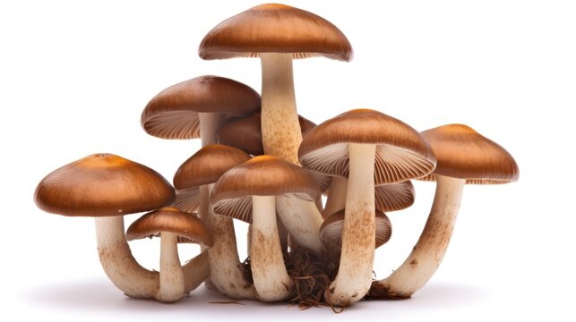 A group of mushrooms with brown caps and white stems, arranged in a pile against a white background.