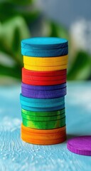 Colorful wooden discs stacked high