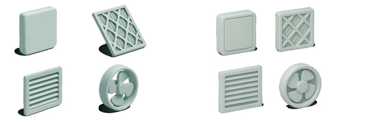3D isometric icon set of HVAC system components including fan, air filter, vent grille, and ventilation cover for climate control concepts