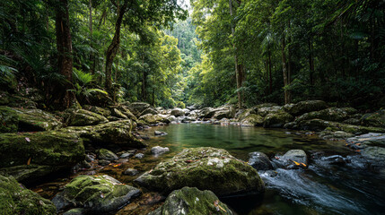 Obraz premium Calm river flows through a lush green forest with mossy rocks and tall trees