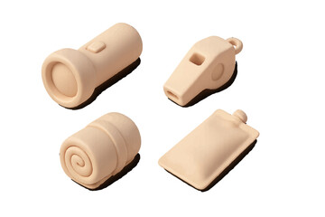 Minimalist 3D icons of an emergency survival kit including a flashlight, whistle, blanket, and water pouch on an isolated white background