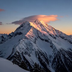 Snowy mountain peak glows with golden light at sunset, creating a serene and majestic winter landscape in the high altitude wilderness.