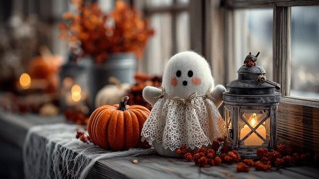 Harvest Ghostly Ambiance: An artistic arrangement of Halloween decorations, including a charming ghost figure, pumpkin, lantern and autumnal foliage, creating a warm, inviting festive vibe.