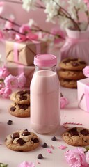 Pink milk bottle, cookies, and gifts surrounded by cherry blossoms