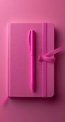 Pink notebook and pen on a pink surface