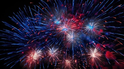 A vibrant fireworks display against a black sky, featuring a mix of red, blue, and white colors.