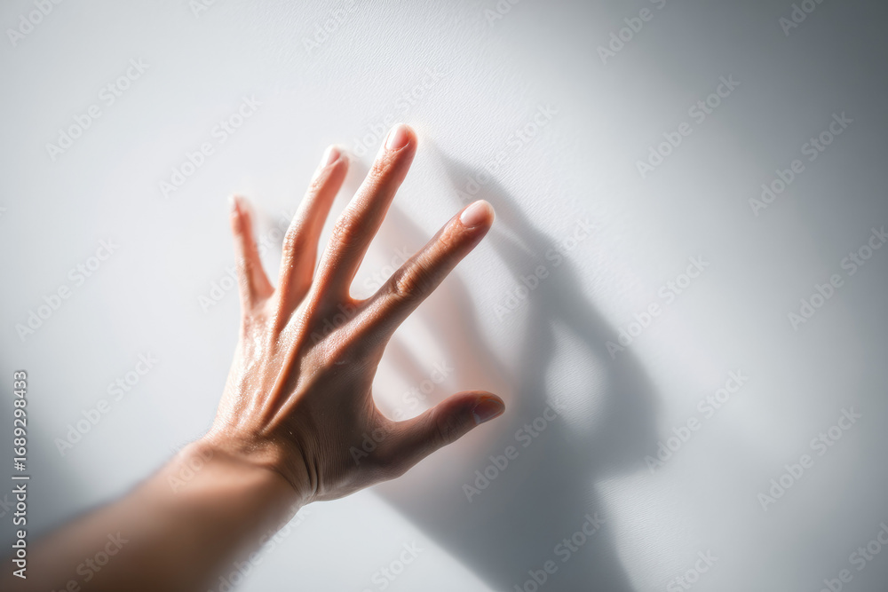 Poster hand gently pressing against smooth glass surface, casting soft shadow, illuminated by natural light