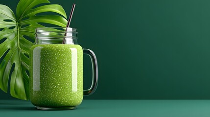 Refreshing Green Smoothie in a Glass with a Straw Next to a Tropical Leaf on a Vibrant Background