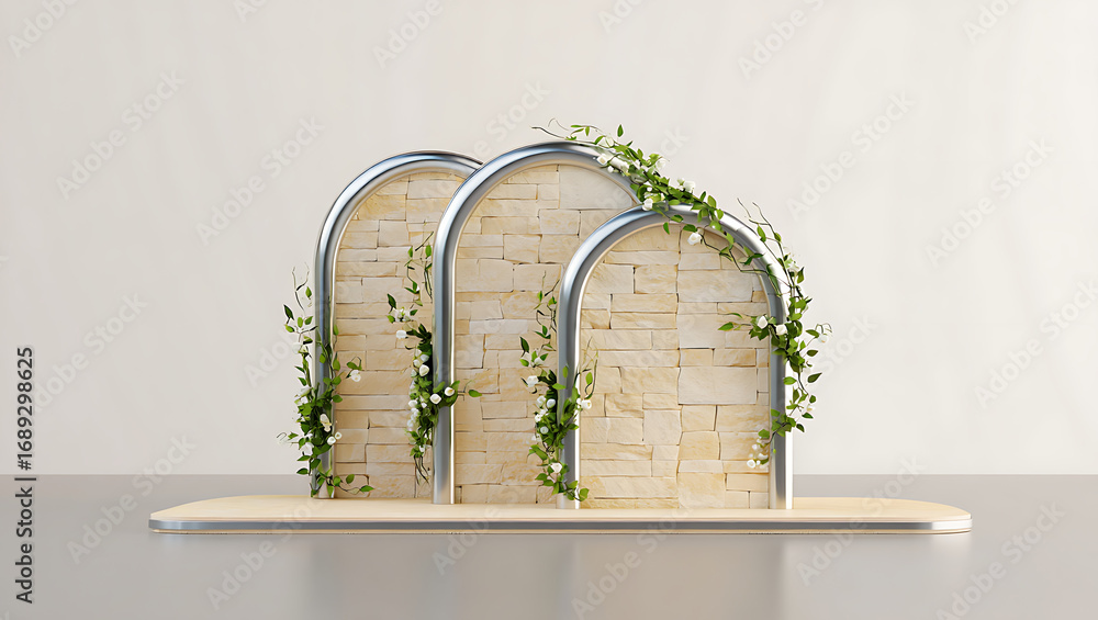 Poster three arched stone structures with metal frames and green vines, set on a wooden base, creating a na
