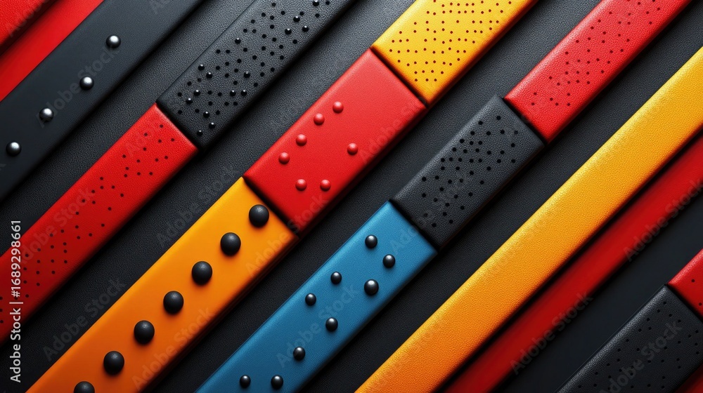 Poster Colorful textured stripes with rivets diagonally cross the black textured background. Useful for backgrounds or for representing diversity and design elements.