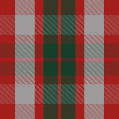 Red, green, and gray tartan plaid pattern with diagonal stripe texture, seamless Scottish checkered textile design, classic fabric background for fashion, decoration, and Christmas projects.
