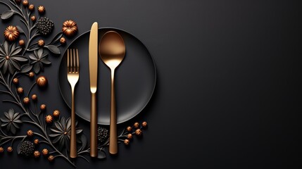 A black and gold table setting with a plate, fork, knife, and spoon on a dark background.