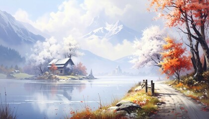 Fototapeta premium Tranquil autumn landscape scene serene lake with house nature photography peaceful environment wide viewpoint evocative concept for relaxation