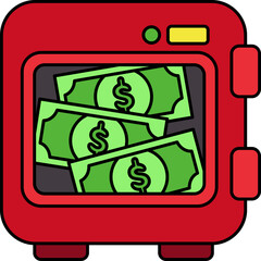 A red safe with money inside