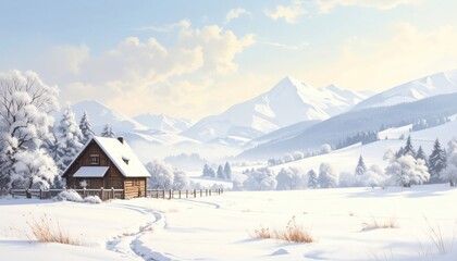 Winter wonderland scene featuring a cozy cabin in the snowy mountains serene nature landscape captured in a peaceful setting